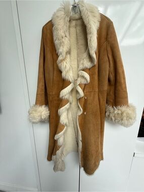 Vakko Tan Shearling Trench Coat with Cream Fur Trim